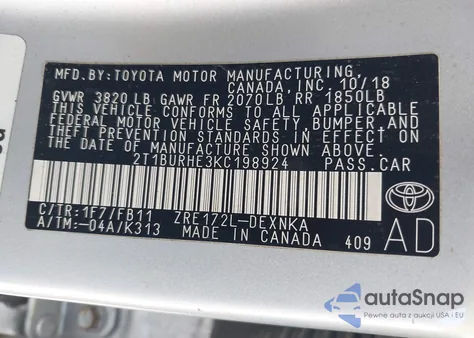 2019 Toyota Corolla Le из США, поврежденный, VIN 2T1BURHE3KC198924